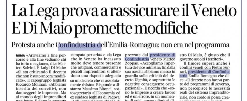 decreto dignità – dichiarazione del presidente pietro ferrari al corriere della sera