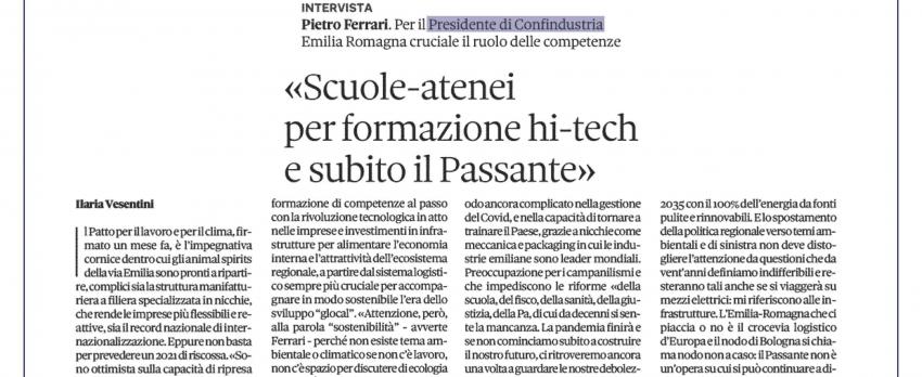 INTERVISTA DEL PRESIDENTE FERRARI AL SOLE 24 ORE |  INVESTIMENTI IN INFRASTRUTTURE E FORMAZIONE HIGH TECH