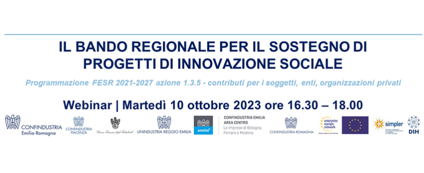 10 ottobre 2023 | WEBINAR “IL BANDO REGIONALE PER IL SOSTEGNO DI PROGETTI DI INNOVAZIONE SOCIALE”
